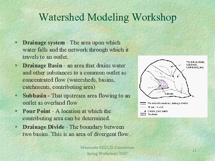 Watershed Modeling Workshop § Drainage system - The area upon which water falls and