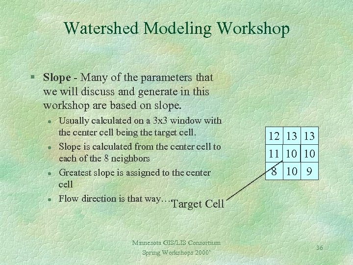 Watershed Modeling Workshop § Slope - Many of the parameters that we will discuss