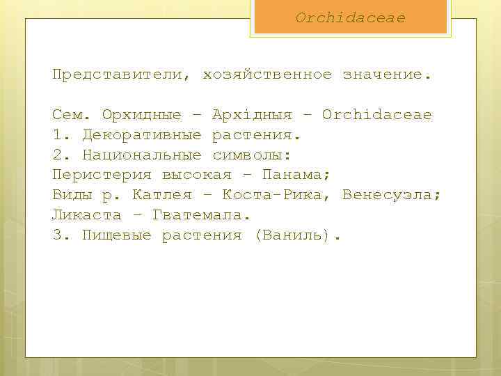Orchidaceae Представители, хозяйственное значение. Сем. Орхидные – Архідныя - Orchidaceae 1. Декоративные растения. 2.