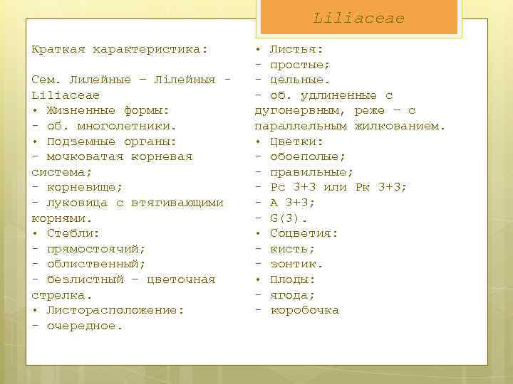 Liliaceae Краткая характеристика: Сем. Лилейные – Лілейныя - Liliaceae • Жизненные формы: - об.