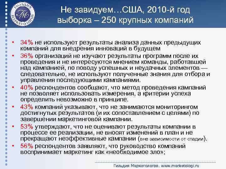 Не завидуем…США, 2010 -й год выборка – 250 крупных компаний • 34% не используют