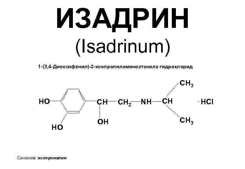 ИЗАДРИН (Isadrinum) 1 -(3, 4 -Диоксифенил)-2 -изопропиламиноэтанола гидрохлорид СН 3 HO СH HO Синоним:
