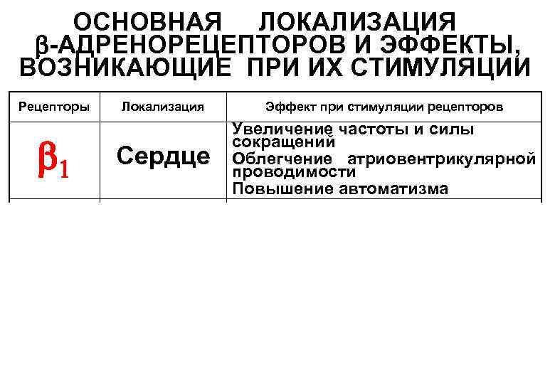 ОСНОВНАЯ ЛОКАЛИЗАЦИЯ -АДРЕНОРЕЦЕПТОРОВ И ЭФФЕКТЫ, ВОЗНИКАЮЩИЕ ПРИ ИХ СТИМУЛЯЦИИ Рецепторы Локализация Эффект при стимуляции