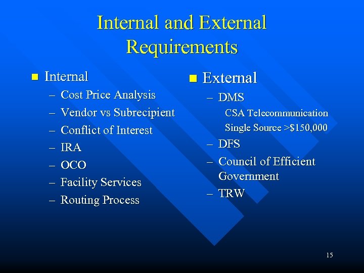 Internal and External Requirements n Internal – – – – Cost Price Analysis Vendor