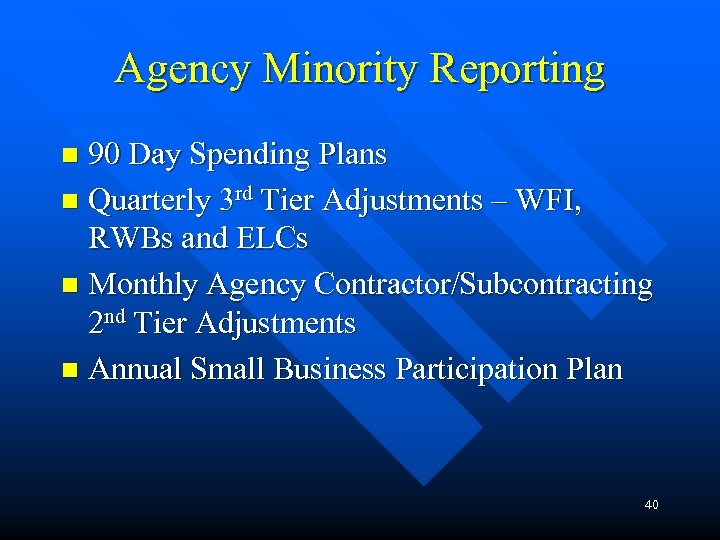 Agency Minority Reporting 90 Day Spending Plans n Quarterly 3 rd Tier Adjustments –