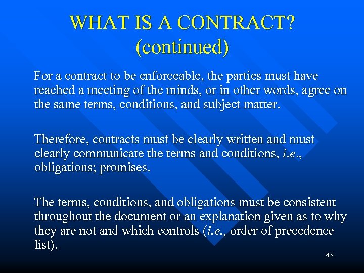 WHAT IS A CONTRACT? (continued) For a contract to be enforceable, the parties must