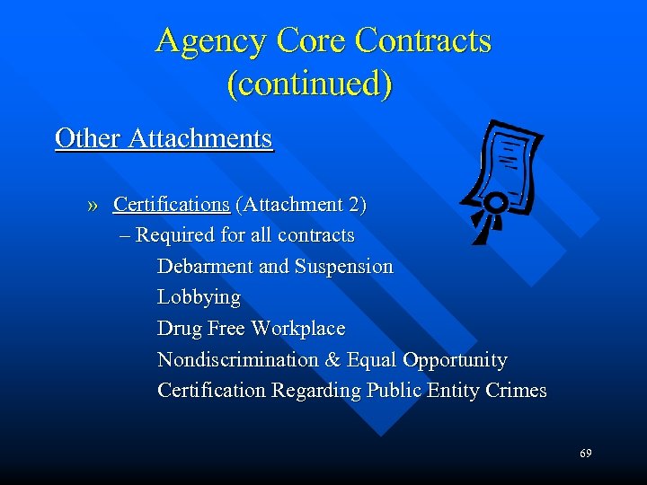 Agency Core Contracts (continued) Other Attachments » Certifications (Attachment 2) – Required for all