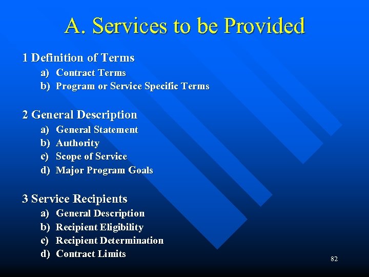 A. Services to be Provided 1 Definition of Terms a) Contract Terms b) Program