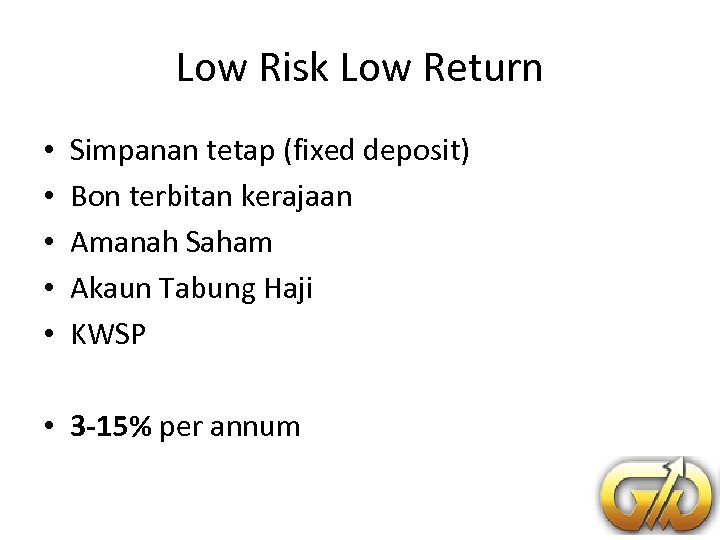 Low Risk Low Return • • • Simpanan tetap (fixed deposit) Bon terbitan kerajaan