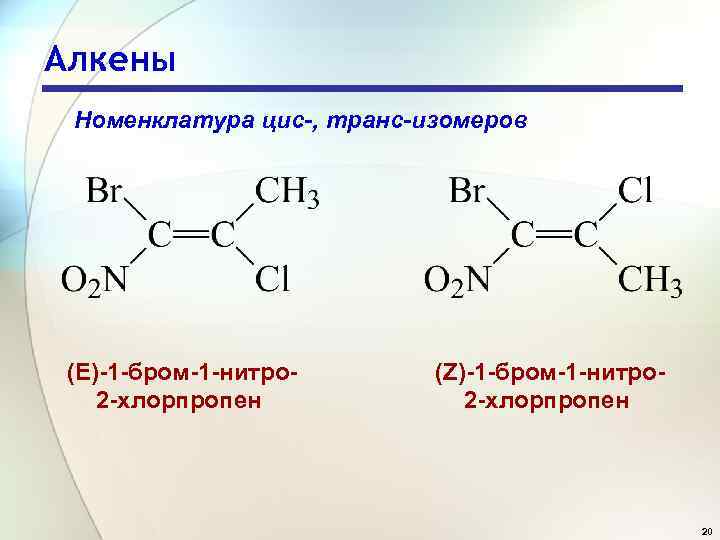 Алкены Номенклатура цис-, транс-изомеров (Е)-1 -бром-1 -нитро 2 -хлорпропен (Z)-1 -бром-1 -нитро 2 -хлорпропен