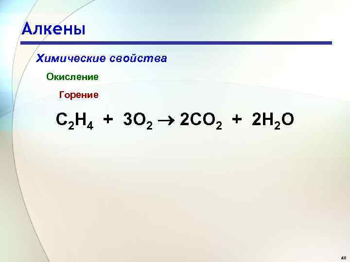 Алкены Химические свойства Окисление Горение C 2 H 4 + 3 O 2 2