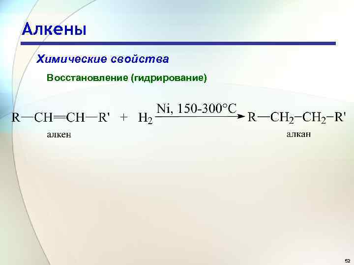 Алкены Химические свойства Восстановление (гидрирование) 52 