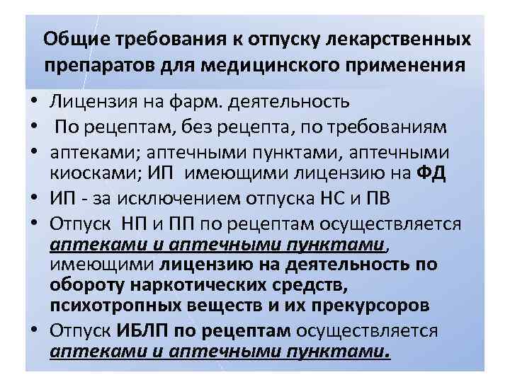  Общие требования к отпуску лекарственных препаратов для медицинского применения • Лицензия на фарм.