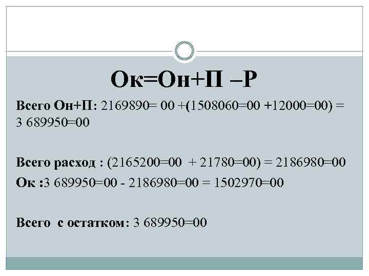 Ок=Он+П –Р Всего Он+П: 2169890= 00 +(1508060=00 +12000=00) = 3 689950=00 Всего расход :