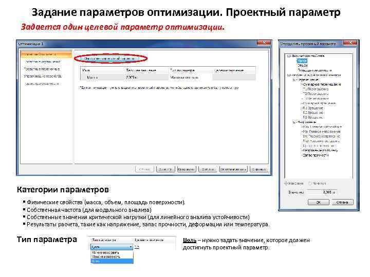 Задание параметров оптимизации. Проектный параметр Задается один целевой параметр оптимизации. Категории параметров § Физические