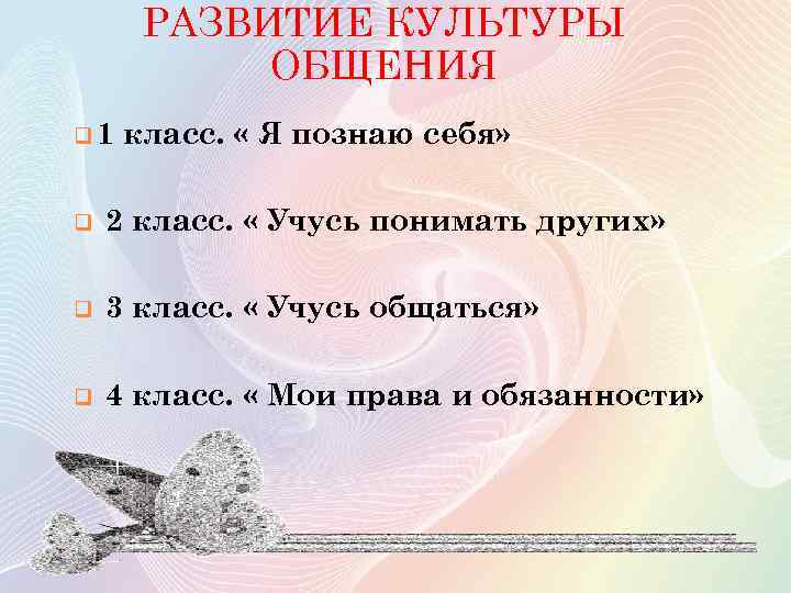 РАЗВИТИЕ КУЛЬТУРЫ ОБЩЕНИЯ q 1 класс. « Я познаю себя» q 2 класс. «