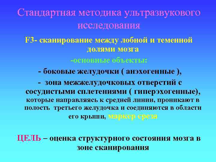 Стандартная методика ультразвукового исследования F 3 - сканирование между лобной и теменной долями мозга