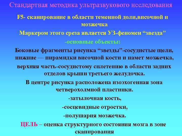 Стандартная методика ультразвукового исследования F 5 - сканирование в области теменной доли, височной и