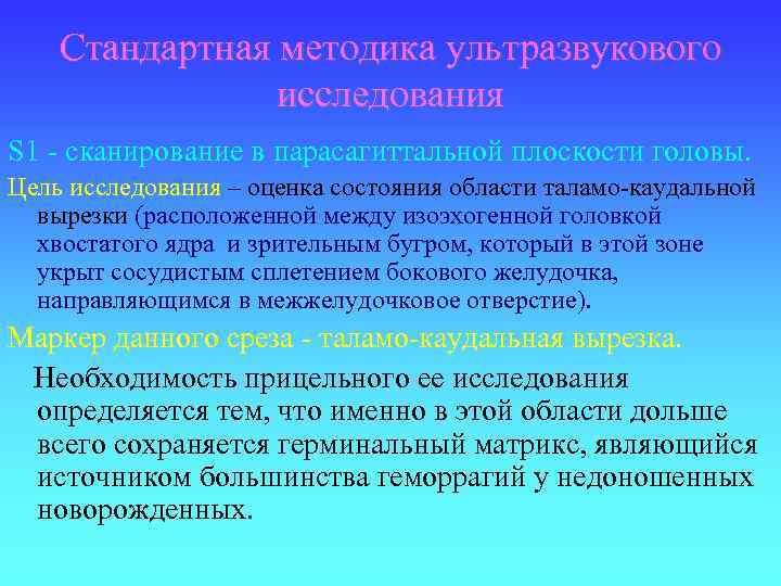 Стандартная методика ультразвукового исследования S 1 - сканирование в парасагиттальной плоскости головы. Цель исследования