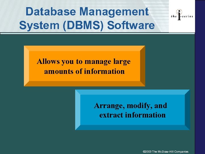 Database Management System (DBMS) Software Allows you to manage large amounts of information Arrange,
