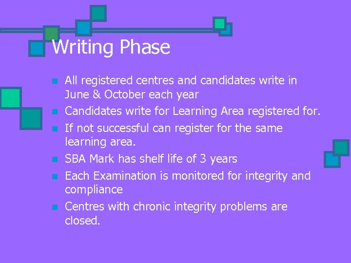Writing Phase n n n All registered centres and candidates write in June &
