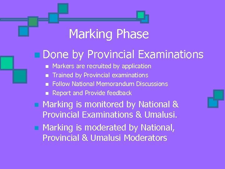 Marking Phase n Done n n n by Provincial Examinations Markers are recruited by