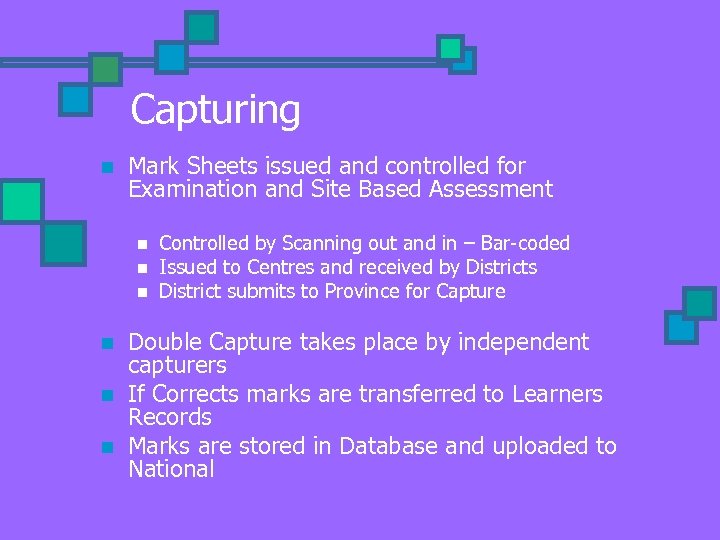 Capturing n Mark Sheets issued and controlled for Examination and Site Based Assessment n