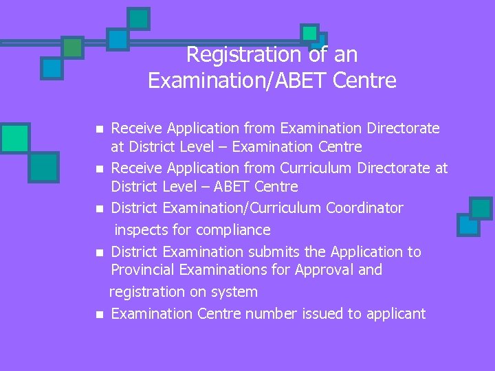 Registration of an Examination/ABET Centre n n n Receive Application from Examination Directorate at