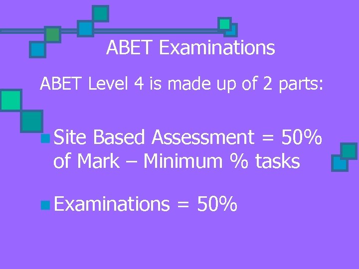ABET Examinations ABET Level 4 is made up of 2 parts: n Site Based