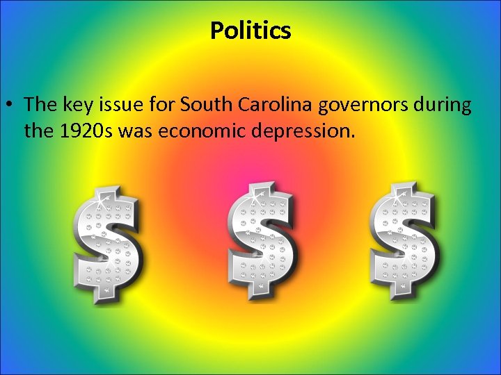 Politics • The key issue for South Carolina governors during the 1920 s was