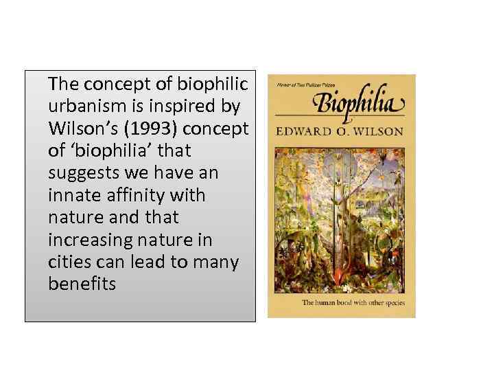  The concept of biophilic urbanism is inspired by Wilson’s (1993) concept of ‘biophilia’