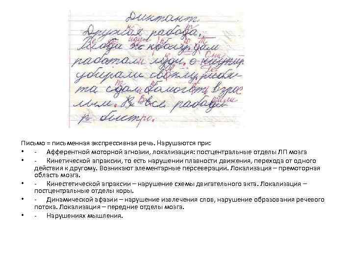 Письмо = письменная экспрессивная речь. Нарушаются при: • - Афферентной моторной агнозии, локализация: постцентральные