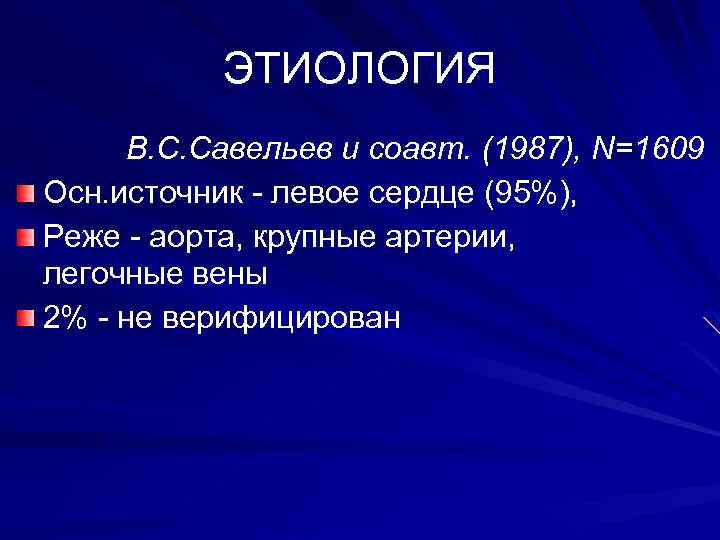 ЭТИОЛОГИЯ В. С. Савельев и соавт. (1987), N=1609 Осн. источник - левое сердце (95%),