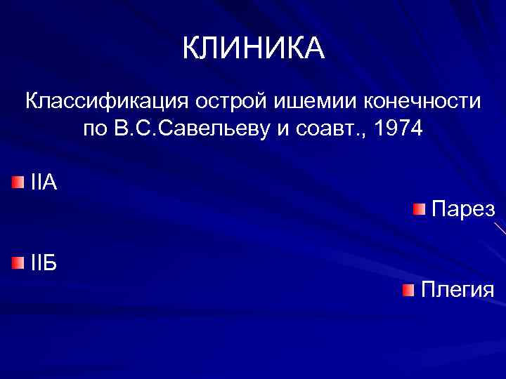 КЛИНИКА Классификация острой ишемии конечности по В. С. Савельеву и соавт. , 1974 IIА