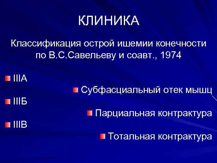 КЛИНИКА Классификация острой ишемии конечности по В. С. Савельеву и соавт. , 1974 IIIA