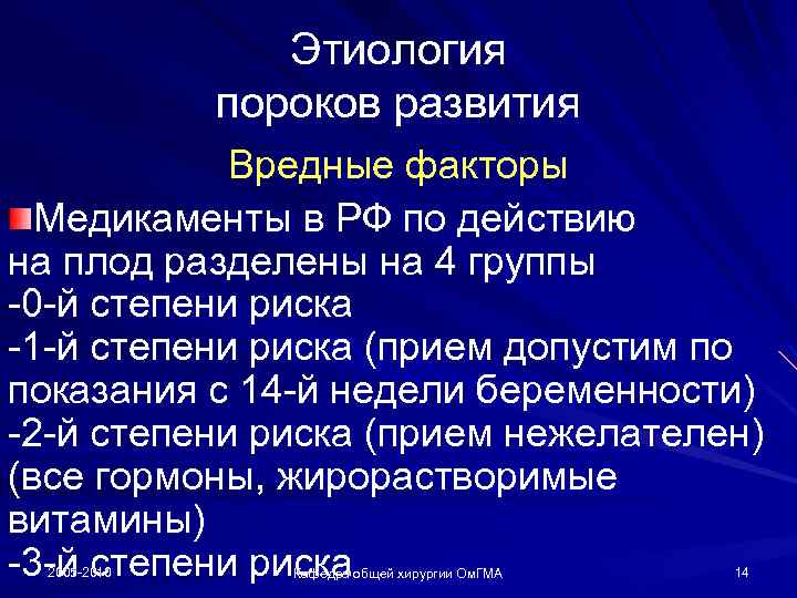 Этиология пороков развития Вредные факторы Медикаменты в РФ по действию на плод разделены на