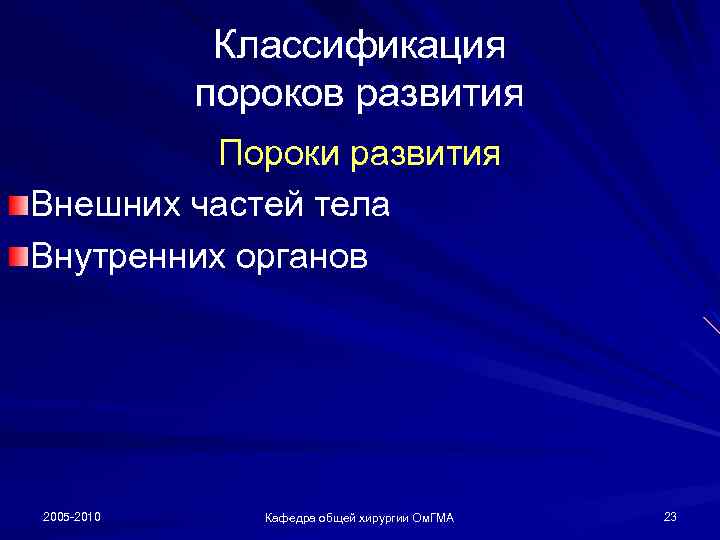 Классификация пороков развития Пороки развития Внешних частей тела Внутренних органов 2005 -2010 Кафедра общей