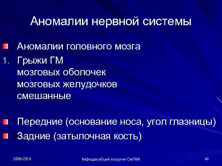 Аномалии нервной системы Аномалии головного мозга 1. Грыжи ГМ мозговых оболочек мозговых желудочков смешанные