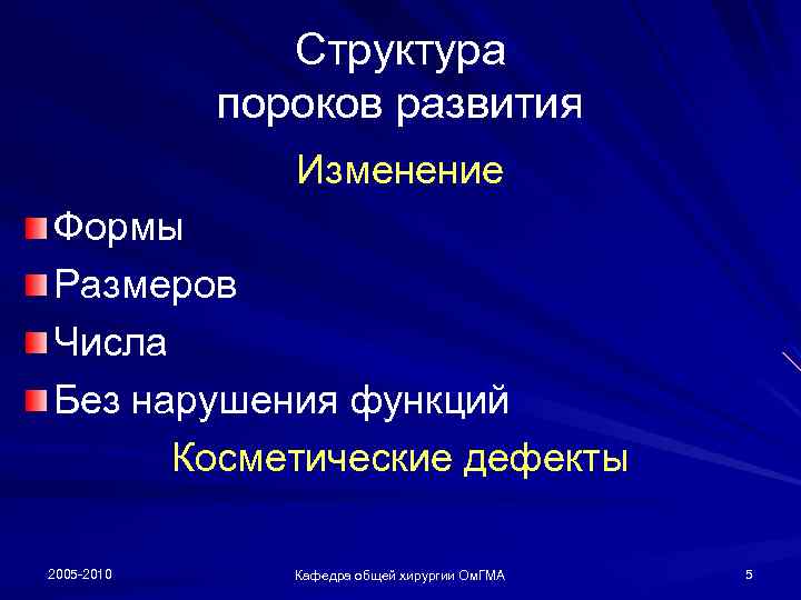 Структура пороков развития Изменение Формы Размеров Числа Без нарушения функций Косметические дефекты 2005 -2010