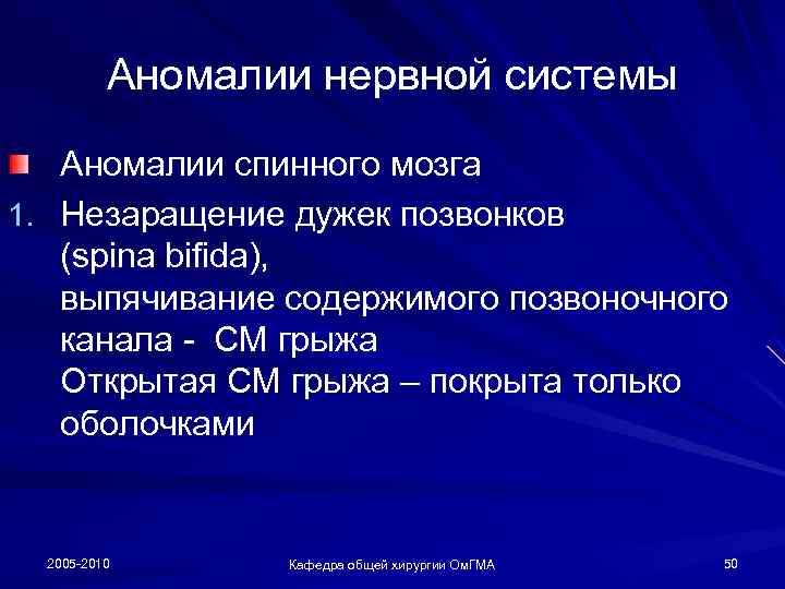 Аномалии нервной системы Аномалии спинного мозга 1. Незаращение дужек позвонков (spina bifida), выпячивание содержимого