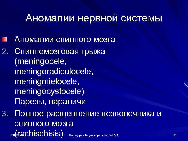 Аномалии нервной системы Аномалии спинного мозга 2. Спинномозговая грыжа (meningocele, meningoradiculocele, meningmielocele, meningocystocele) Парезы,