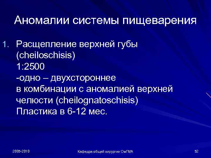 Аномалии системы пищеварения 1. Расщепление верхней губы (cheiloschisis) 1: 2500 -одно – двухстороннее в