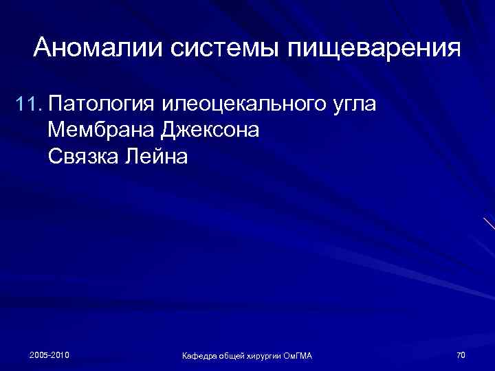 Аномалии системы пищеварения 11. Патология илеоцекального угла Мембрана Джексона Связка Лейна 2005 -2010 Кафедра