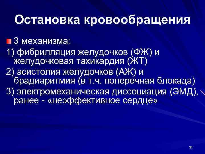 Остановка кровообращения 3 механизма: 1) фибрилляция желудочков (ФЖ) и желудочковая тахикардия (ЖТ) 2) асистолия