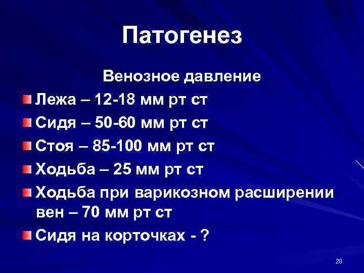 Патогенез Венозное давление Лежа – 12 -18 мм рт ст Сидя – 50 -60