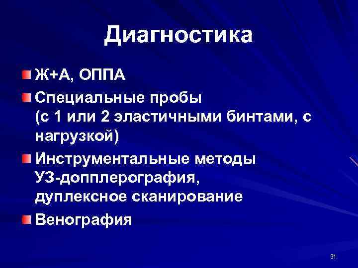 Диагностика Ж+А, ОППА Специальные пробы (с 1 или 2 эластичными бинтами, с нагрузкой) Инструментальные