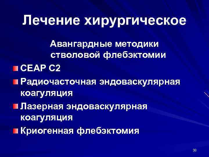 Лечение хирургическое Авангардные методики стволовой флебэктомии CEAP C 2 Радиочасточная эндоваскулярная коагуляция Лазерная эндоваскулярная