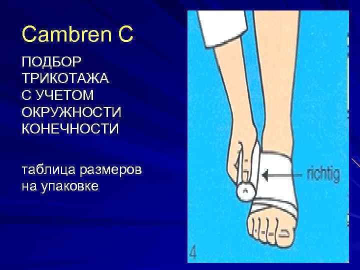Cambren C ПОДБОР ТРИКОТАЖА С УЧЕТОМ ОКРУЖНОСТИ КОНЕЧНОСТИ таблица размеров на упаковке 