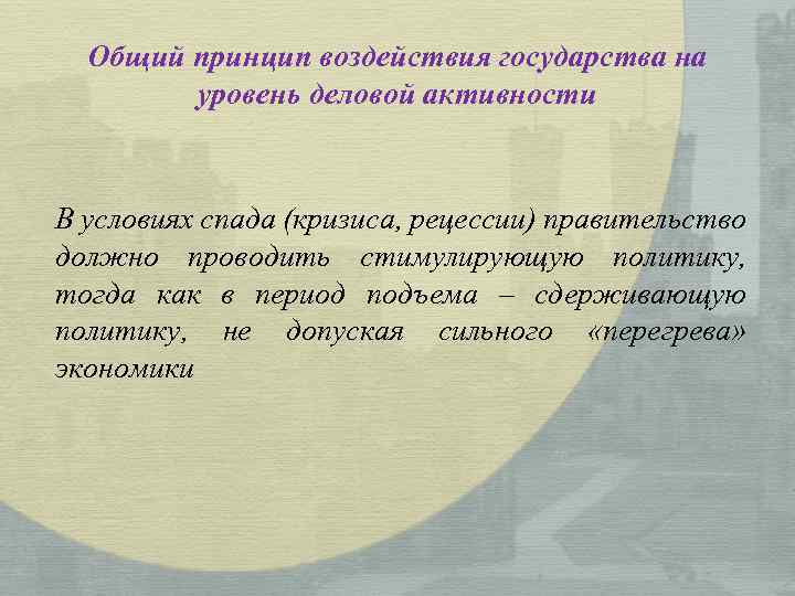 Общий принцип воздействия государства на уровень деловой активности В условиях спада (кризиса, рецессии) правительство