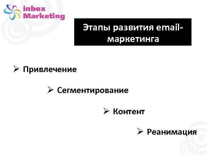 Этапы развития emailмаркетинга Привлечение Сегментирование Контент Реанимация 